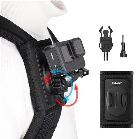 TELESIN Support de Sac à Dos Rotatif à 360 ° avec Sangle d'épaule réglable et Crochet en J pour GoPro Hero 13 12 11 10 9 8 7 Max