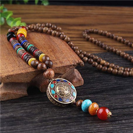 THTHT Vintage Collier Sautoir En Perles De Bois Naturel Ethnique Chaîne Chandail Sculpture Statue Bouddha Ronde Simple Bohème Vê