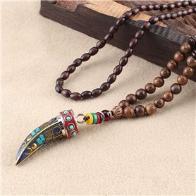 THTHT Vintage en Perles Long Collier Chaîne Chandail Sculpture sur Bois Naturel Ethnique Corne De Boeuf Bouddhisme Minimaliste R