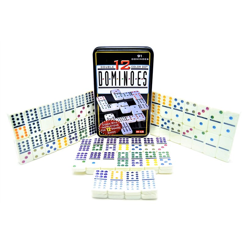 Dominos de points doubles de 12 couleurs Grande XXL Boîte (jeu 91, dominos) dans une boîte en métal.