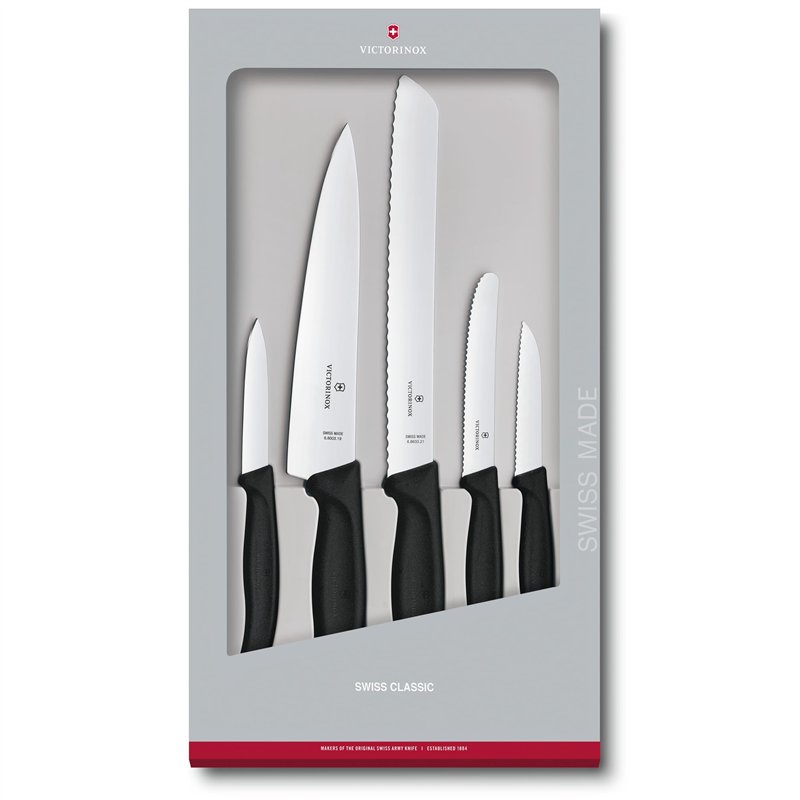 Victorinox Swiss Classic, Jeu de Couteaux de Cuisine, 5 Pièces en Boîte Cadeau, Lame en Acier Inoxydable, Noir
