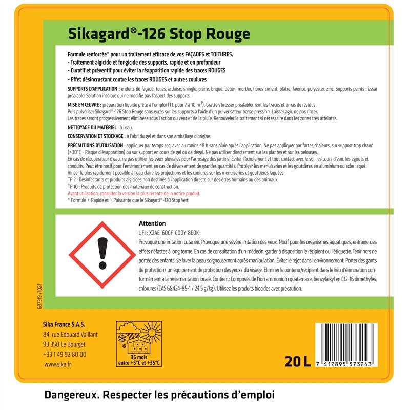 Image secondaire de SIKA - Traitement algicide et fongicide renforcé anti-traces rouges - Sikagard 126 Stop Rouge - Nettoyant désincrustant - Elimin