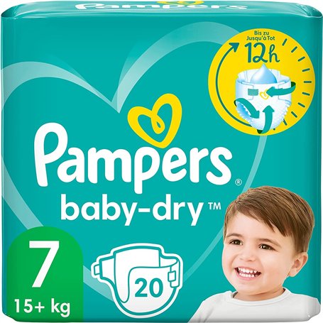 Pampers Baby Dry Lot de 20 couches pour bébé Taille 7 (15 kg) Extra Large Protection complète contre les fuites jusqu'à 12 heure