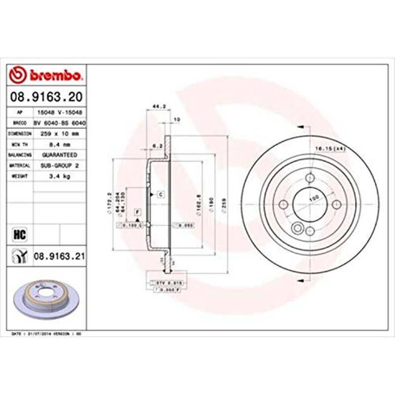 Image secondaire de Brembo 08.9163.21 - Disque de Frein Arrière avec revêtement anti-corrosion UV - Jeu de 2 disques
