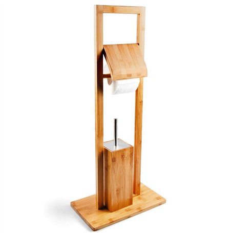 BAKAJI Ensemble Porte-Brosse WC et Porte-Rouleau de Papier-Toilette en Bambou HxlxP : 82 x 36 x 21 cm dérouleur Distributeur Pap
