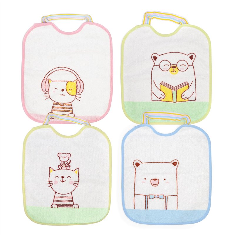 Ti Tin Lot de 4 bavoirs imperméables pour bébé Dimensions : 23 x 28 cm. Composition : 73% coton, 27% polyester, doublure vinyle,