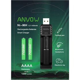 Chargeur de Batterie ANVOW Smart AAAA avec Piles AAAA Rechargeables à 2 compteurs - Ni-MH 1.2V 400mAh Stylet de Surface Stylo Ac