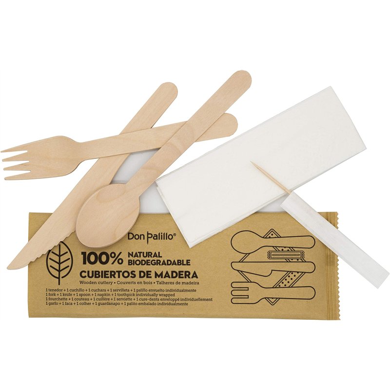 Image secondaire de Don Palillo Lot de 50 sets de couverts en bois jetables 100% biodégradable (fourchette + couteau + cuillère + serviette)