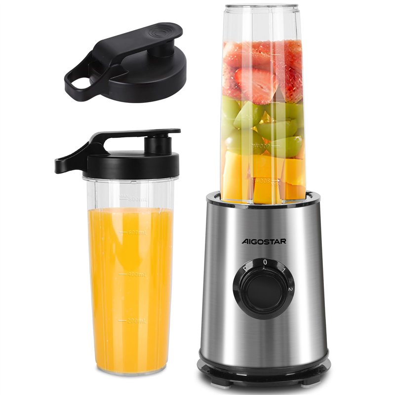 Aigostar Blender Portable, Mixeur Blender avec 2 Bouteilles Portables de 800ml, pour Smoothie Milk-shake Fruits, Puissant 600W.