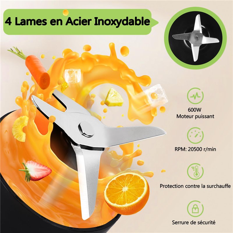 Image secondaire de Aigostar Blender Portable, Mixeur Blender avec 2 Bouteilles Portables de 800ml, pour Smoothie Milk-shake Fruits, Puissant 600W.