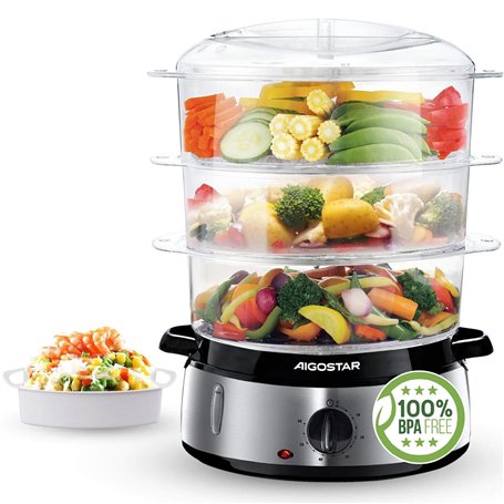 Aigostar Fitfoodie Steel 30INA - Cuiseur vapeur électrique 0% BPA. Puissance de 800W