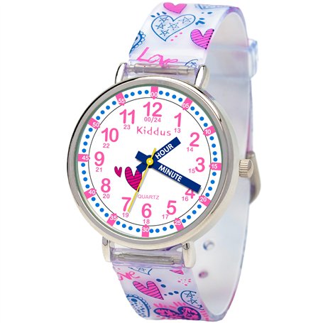 Kiddus Montre Bracelet Éducative pour Enfants. Analogique avec Exercices. Mécanisme en Quartz Japonais. English Version. Hearts