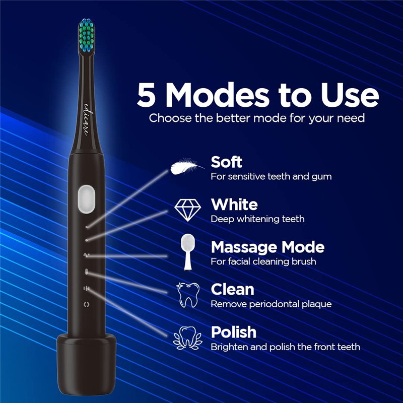 Image secondaire de Edicare, Brosse à Dent Électrique, Sonique, 5 Têtes de Brosse, Rechargeable, USB, étanche IPX7, 5 Modes de Fonctionnement, Netto