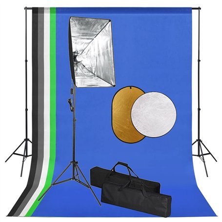vidaXL Kit de Studio Photo avec Lampes Toile de Fond et Réflecteur Kit d'Eclairage Système de Toile de Fond Lumière de Studio Ph