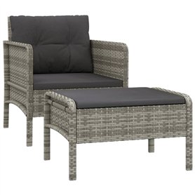 Salon de jardin 2 pcs avec coussins Gris Résine tressée