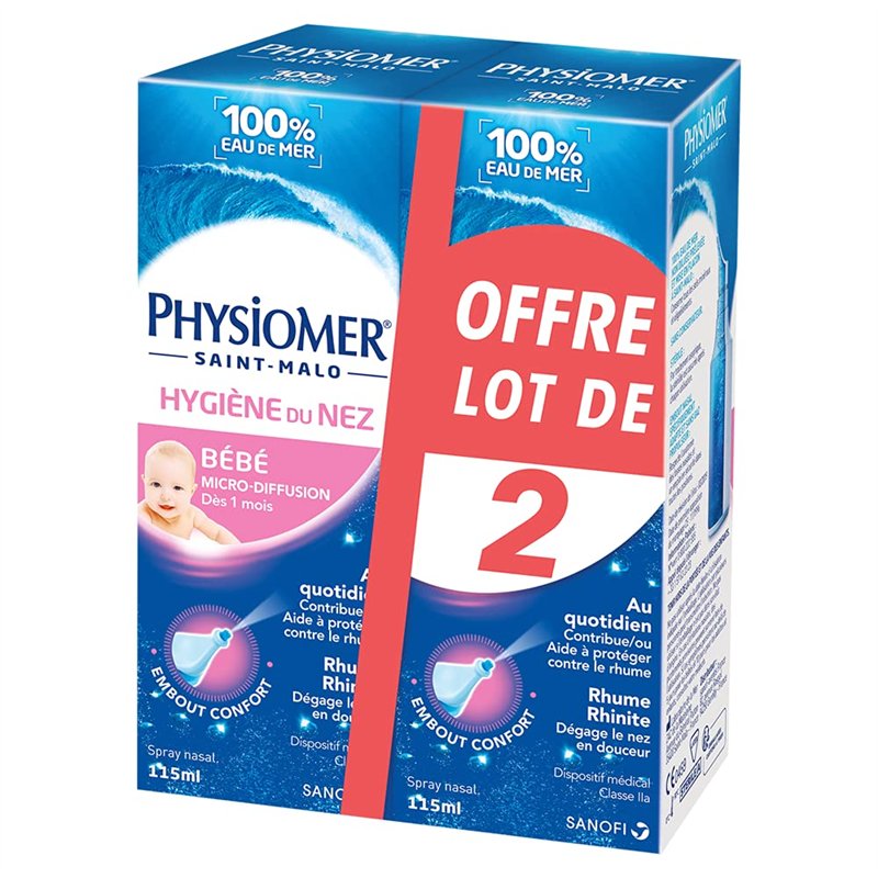 Physiomer Bébé Micro-diffusion - Hygiène du nez -Dispositif médical- Spray nasal 100% eau de mer à partir de 1 mois -​ 115 mL lo