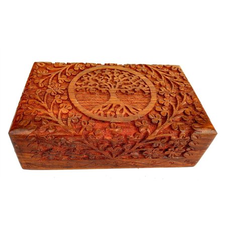 Ajuny Coffre au Trésor Décoratif en Bois Sculpté à la Main 8x5 pouces Motif Arbre de vie Marron - Utilisation Polyvalente comme