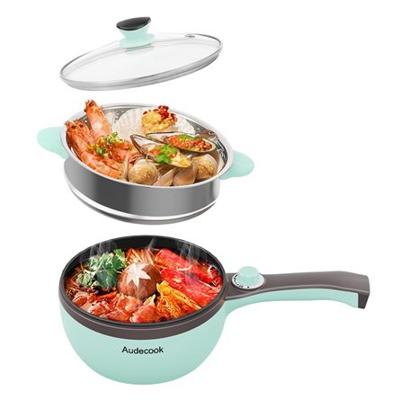 Audecook Petite Poêle électrique avec Cuiseur Vapeur (S(Vert prairie/Avec Cuisson à la vapeur))