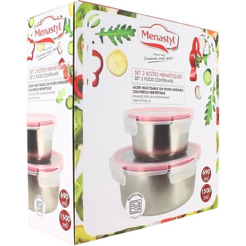 Image secondaire de Lot de 2 boîtes hermétiques avec couvercle - MENASTYL - 5040178 - En acier inoxydable - Ronde - 15 et 20 cm - Compatibles micro-