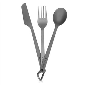 Navaris Kit 3X Couvert Camping Pliable - Couteau Fourchette Cuillère - Set Couverts en Titane avec Crochet - Camping Voyage Rand