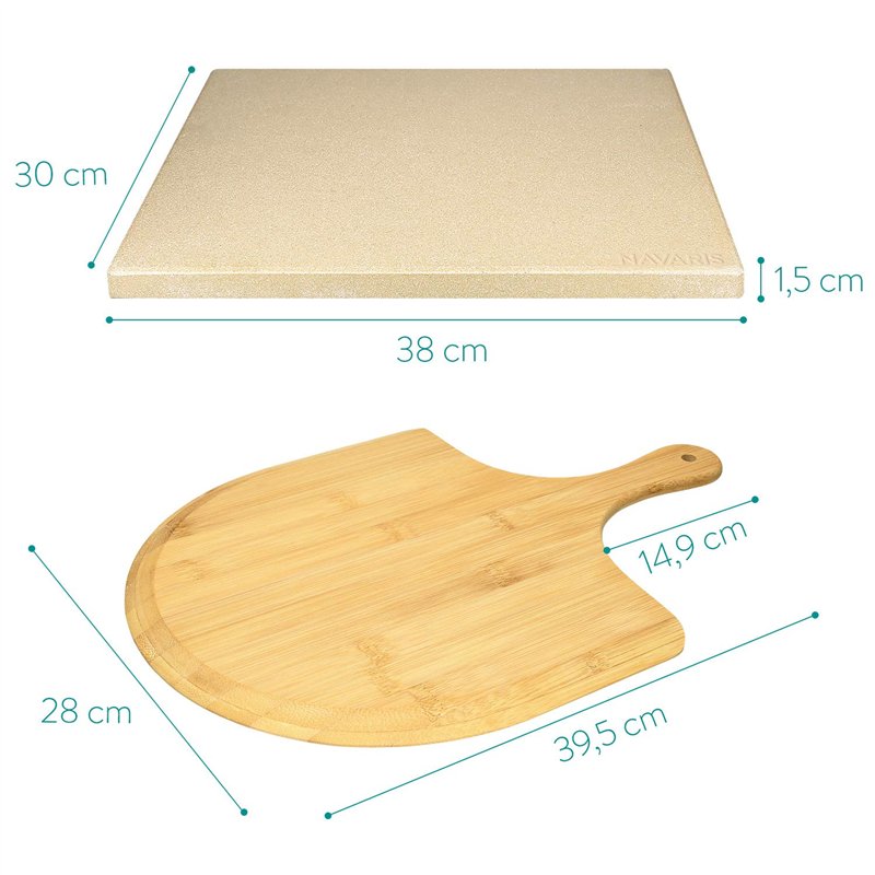 Image secondaire de Navaris Pierre à Pizza avec Pelle - Kit Pierre Pizza Rectangulaire XL 38x30cm et Pelle en Bambou - Four Traditionnel Bois Barbec