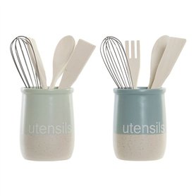 Pot pour ustensiles de cuisine DKD Home Decor Bois d'hévéa Grès (2 pcs)