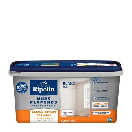 Peinture murs & plafonds tachés & salis - Spécial dégâts des eaux - Blanc mat - RIPOLIN - 2
