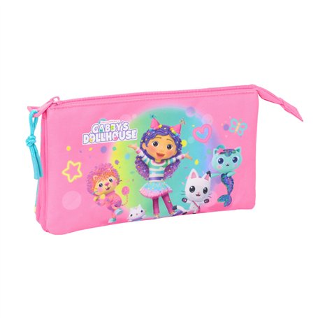 Trousse Fourre-Tout Triple Gabby's Dollhouse Confetti Rose Turquoise 22 x 12 x 3 cm