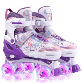 Hikole Roller Enfant Fille 4 Roues Patins à roulettes Réglables Roller Quad Respirant Et Confortable avec Roues Allumées Roller