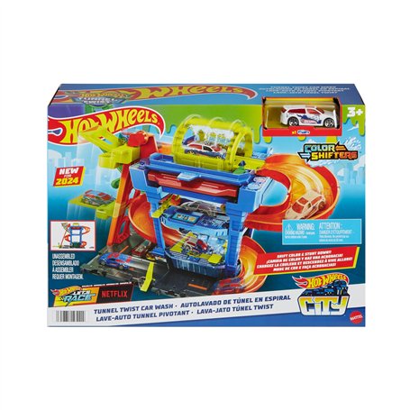 Hot Wheels Let’s Race Netflix - City Le Tunnel de Lavage Coffret Circuit avec 1 véhicule Color Shifters à l’échelle 1/64