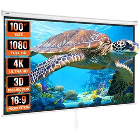 VEVOR Écran de Projection Enroulable Manuel 100 Pouces 16:9 HD 4K Toile de Vidéoprojecteur Anti-Plis Grand Angle de Vision Monta