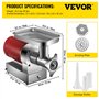 VEVOR Hachoir à Viande Électrique Capacité 300 kg/h, Hachoir Électrique 1100 W 1,5 HP, Poussoir à Saucisses en Inox, avec Plaque