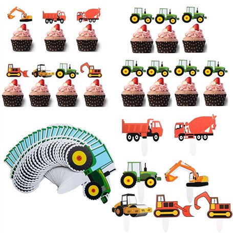 Ohaoduo Lot de 56 décorations pour cupcakes en forme de véhicule de chantier