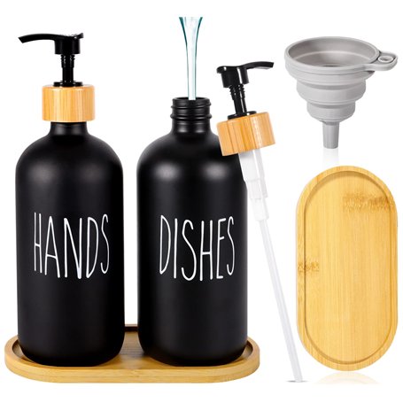 BARAKYEG Distributeur de Savon Noir Mat Set 500ml en Verre Distributeur de Liquide Vaisselle Flacon Pompe pour Cuisine