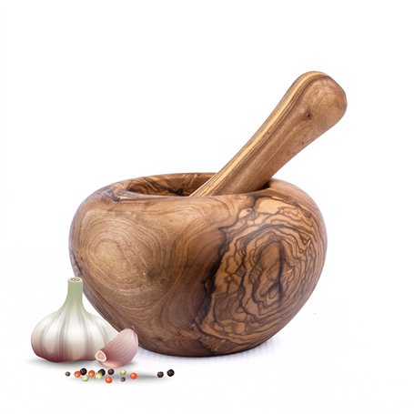 Mortier avec pilon en bois d'olivier - Fait main avec bord naturel - Mortier de cuisine en bois - Mortier durable pour herbes et