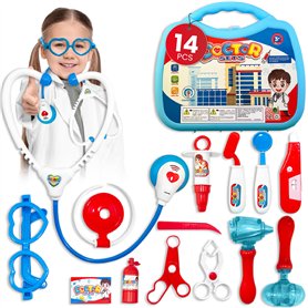 HEVLA Mallette médicale jouet enfant bleu - Kit docteur portable 14 pièces avec stéthoscope