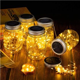Lot de 4 lampes solaires d'extérieur - Guirlande lumineuse à 30 LED dans un bocal - Lanterne blanc chaud - Lanterne Mason Jar -