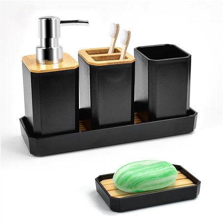 ADERTOS 5 Pièces Ensemble d'Accessoires de Salle de Bain Accessoire pour Salle de Bain en Bambou avec Bouteilles de Lotion