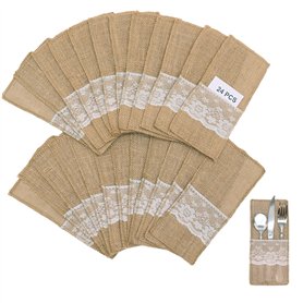 Leeyunbee Lot de 24 sacs à Couverts en Toile de Jute avec Dentelle