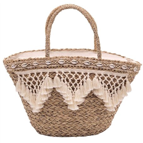 Julesmar Ibiza Sac panier tressé avec pompons et coquillages