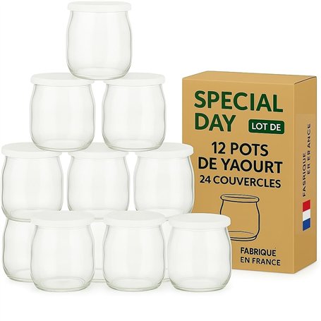 SPECIAL-DAY 12 pots yaourts en verre avec 24 couvercles hermétiques sans BPA -petit pot bebe - yaourtiere robot (thermomix cooke