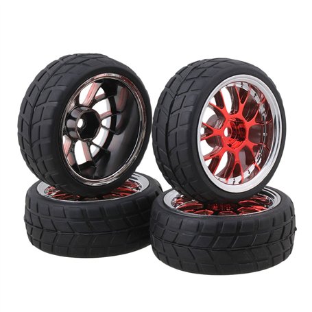 BQLZR Lot de 4 jantes et pneus en forme de Y pour voiture de course RC 1:10 Rouge