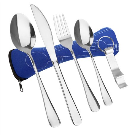 5 Pièces Ensemble de Couverts Camping avec Cuillère Fourchette Couteau Ouvre-bouteille Sac de Rangement Set