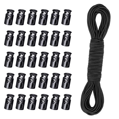 PEAPIN Lot de 30 verrous avec cordon élastique noir de 10 m de long pour lacets