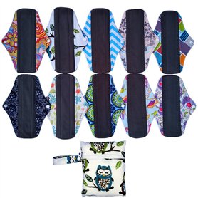 Lot de 10 serviettes hygiéniques lavables et réutilisables en charbon de bambou - 26 cm + 1 pochette imperméable