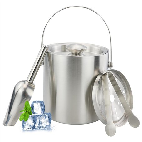 LWMLWM Seau à Glace Isotherme avec Pinces Poignée Couvercle 2L Double Paroi en Acier Inoxydable Sceaux à Glacon Rafraîchisseur C