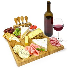 joeji's Kitchen Planche à Fromages - Bambou élégant en Bois - avec Ensemble Couteau et Fourchette - Planche à Charcuterie pour A