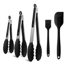 Lot de 5 pinces de cuisine en silicone résistantes à la chaleur - Avec pince métallique verrouillable - Pointes en silicone sans