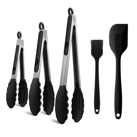 Lot de 5 pinces de cuisine en silicone résistantes à la chaleur - Avec pince métallique verrouillable - Pointes en silicone sans