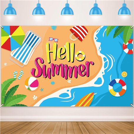 Banniere Hawaii Banderole Hello Summer 110 x 180 cm Toile de Fond d'été Decoration Ete Plage pour Summer Party